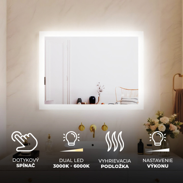 80x60 cm Obdĺžnikové kúpeľňové zrkadlo LED 80x60cm s dvojfarebným osvetlením, dotykový vypínač, vyhrievacia podložka