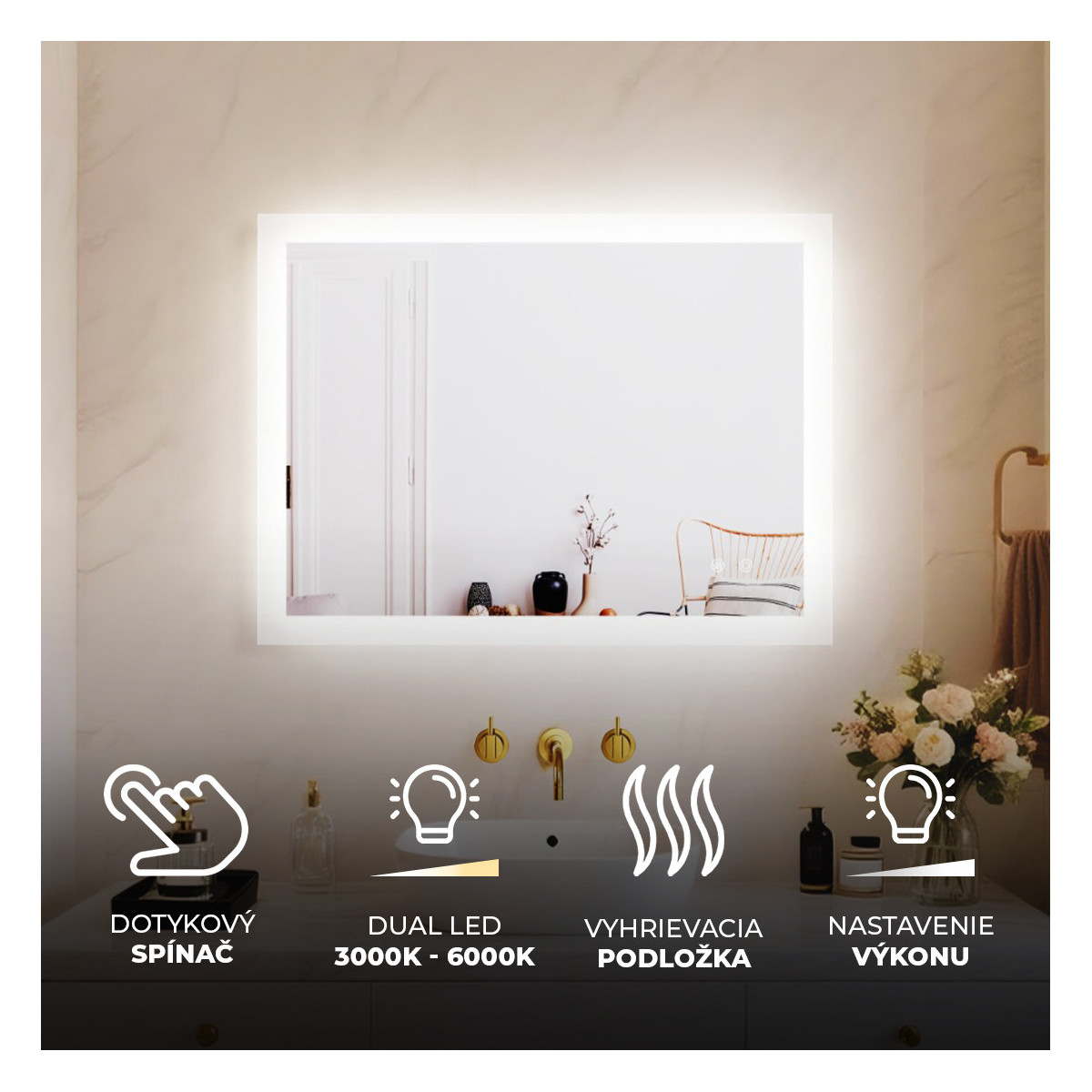 80x60 cm Obdĺžnikové kúpeľňové zrkadlo LED 80x60cm s dvojfarebným osvetlením, dotykový vypínač, vyhrievacia podložka