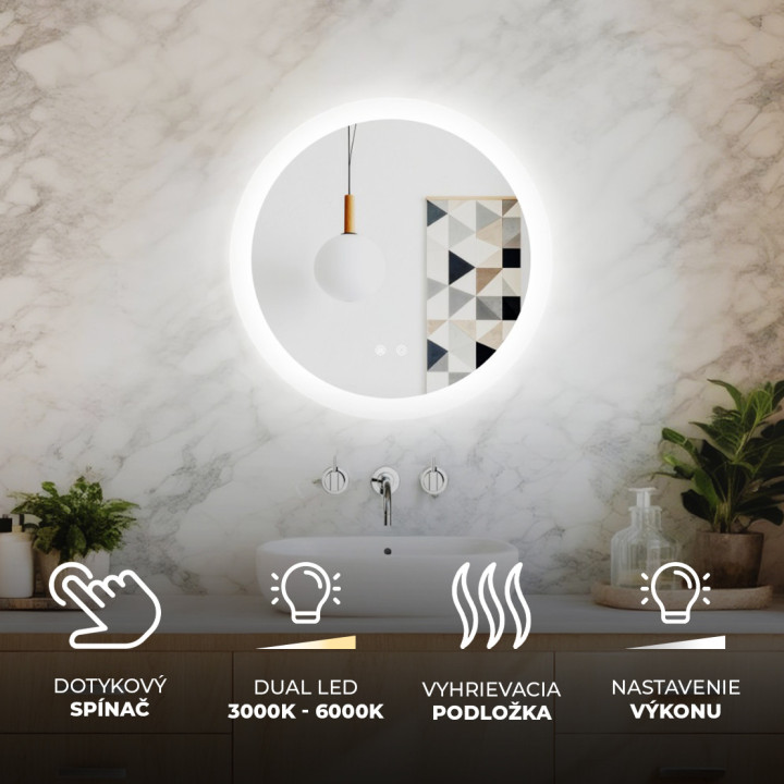 Okrúhle kúpeľňové zrkadlo s LED osvetlením 60 cm, Dual Color, dotykovým vypínačom a vyhrievacou podložkou