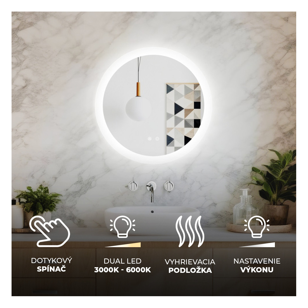 Okrúhle kúpeľňové zrkadlo s LED osvetlením 60 cm, Dual Color, dotykovým vypínačom a vyhrievacou podložkou