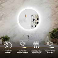 Okrúhle kúpeľňové zrkadlo s LED osvetlením 60 cm, Dual Color, dotykovým vypínačom a vyhrievacou podložkou