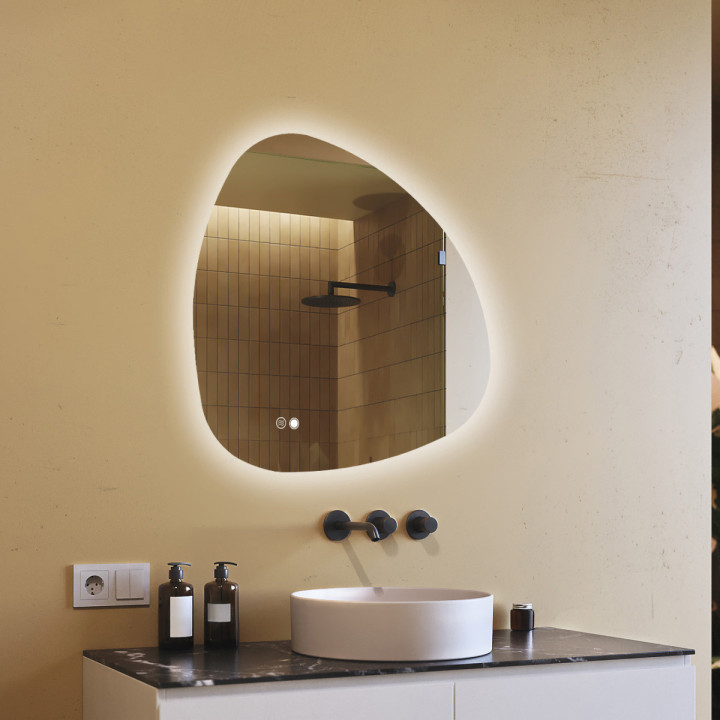 84x84 cm Nerovnomerné zrkadlo s osvetlením, 84x84cm, Dvojfarebné, Dotykový vypínač, Vyhrievacia podložka