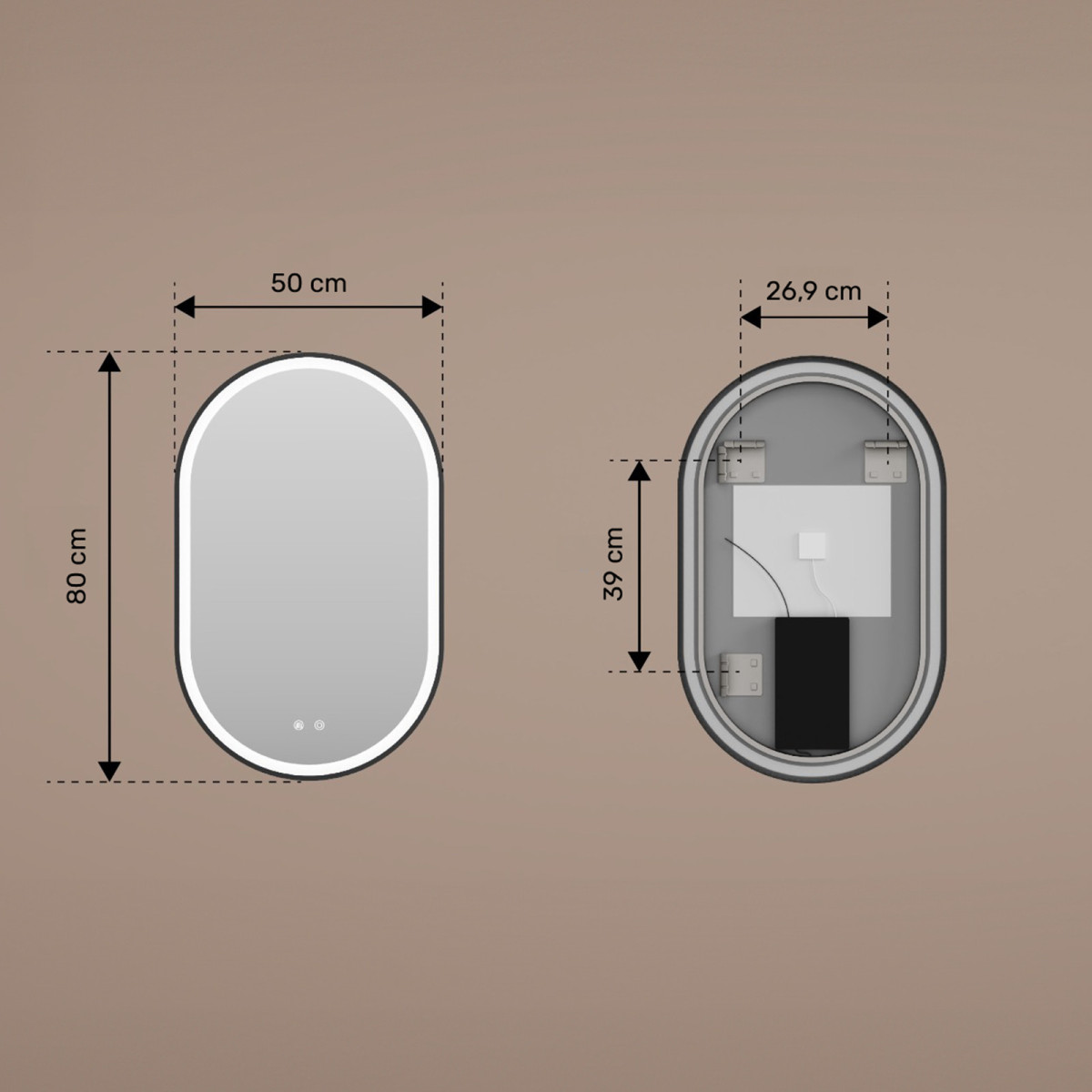 50x80/80x50 cm Oválne zrkadlo s LED podsvietením v čiernom hliníkovom ráme