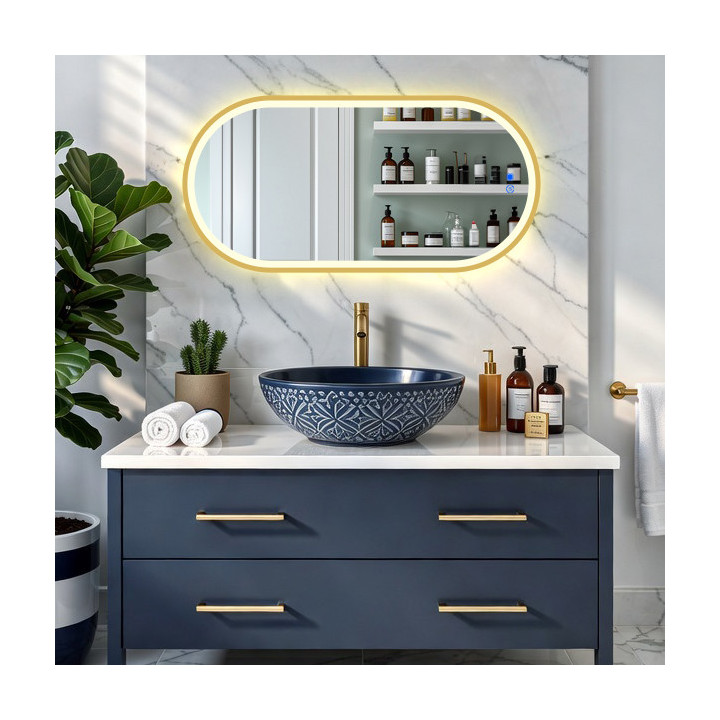 Oválne zrkadlo s LED podsvietením – 50x80/80x50 cm v zlatom hliníkovom ráme