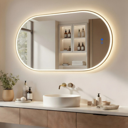 Oválne zrkadlo s LED podsvietením – 50x100/100x50 cm v zlatom hliníkovom ráme