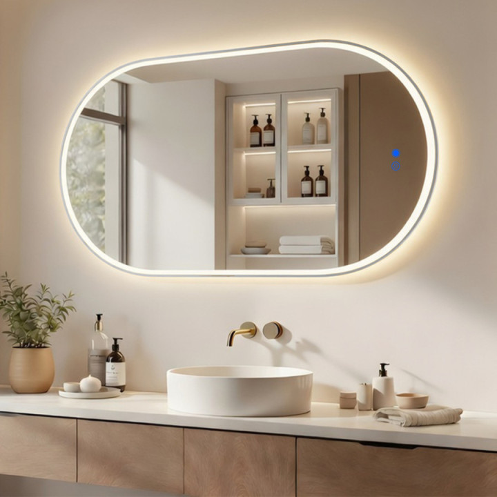 Oválne zrkadlo s LED podsvietením – 50x100/100x50 cm v striebornom hliníkovom ráme