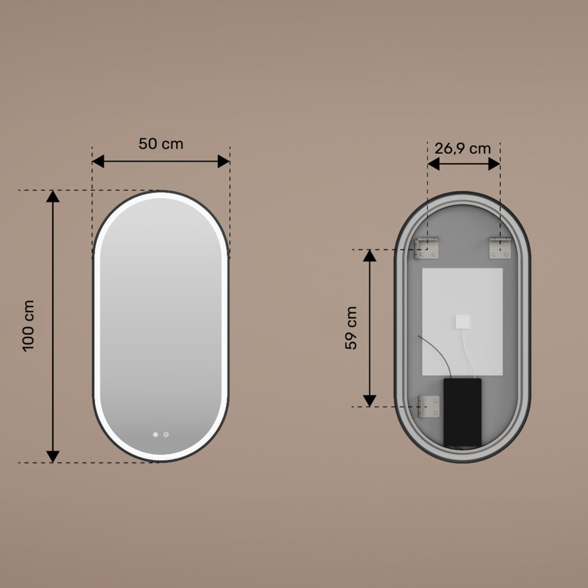 Oválne zrkadlo s LED podsvietením – 50x100/100x50 cm v striebornom hliníkovom ráme