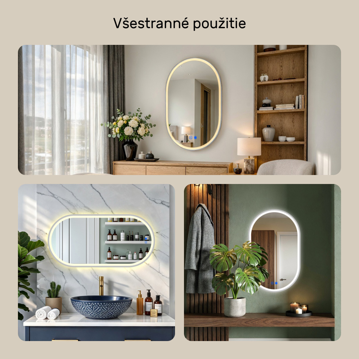 Oválne zrkadlo s LED podsvietením – 50x80/80x50 cm v striebornom hliníkovom ráme
