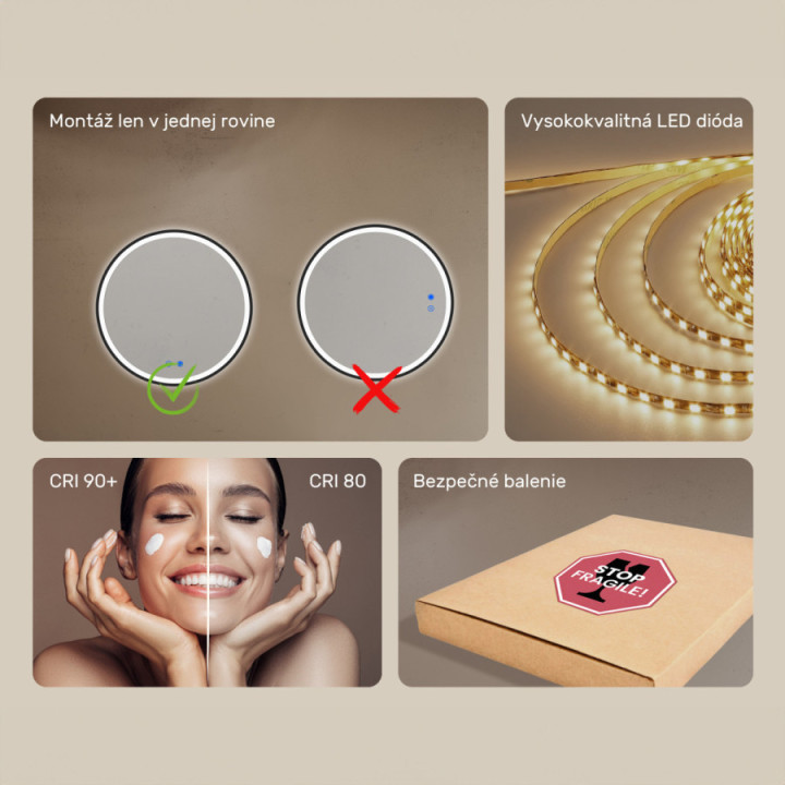 Kruhové zrkadlo s LED podsvietením – 80 cm v striebornom hliníkovom ráme